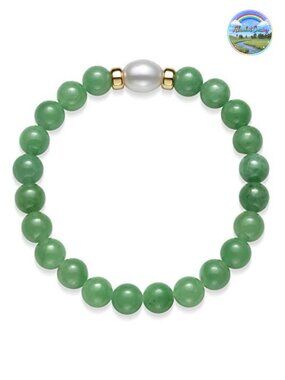 Natural Jade & Freshwater Pearl Stretch Bracelet 14K Yellow Gold Beads